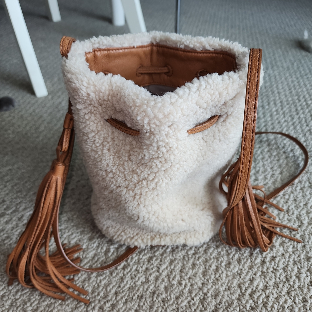 MARGOT Lt Tan Shearling Genuine Leather Cinch Tassles Drawstring Crossbody Bag